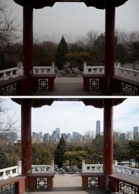 La photo du haut a été prise à Pékin pendant l'épisode de forte pollution. En comparaison, celle du bas, prise au même endroit, sans la pollution.