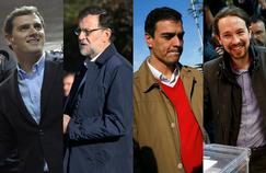 Albert Rivera, le chef de file de Cuidadamos, Mariano Rajoy (PP), Pedro Sánchez (PSOE) et Pablo Iglesias (Podemos).