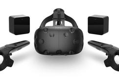 Le casque HTC Vive, produit par HTC, accompagné de ses contrôleurs sans fils et des balises Lighthouse.