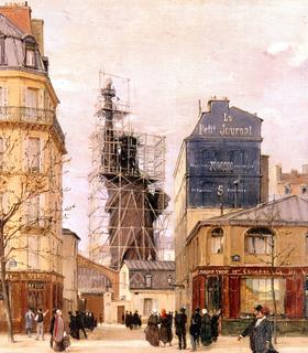 La Statue de la Liberté surgissant des toits de Paris, rue de Chazelles vue par Victor Dargaud (1884).