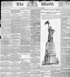 Une de The World du 11 août 1885 annonçant 100.000 dollars de dons réunis pour continuer les travaux de la Statue de la Liberté.