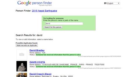 Les résultats d'une recherche sur «Google person finder».