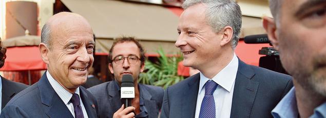 Les partisans de Bruno Le Maire parient sur un second tour de la primaire à droite entre leur champion et Alain Juppé, ici ensemble à Paris, en 2014.