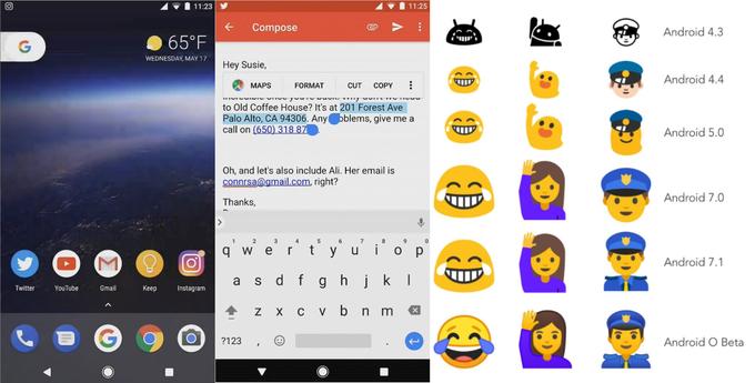 La pastille de notification sur l'icône d'Instagram, la sélection intelligente et les nouveaux emojis d'Android Oreo. (Google / Emojipedia)