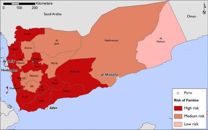 Le risque de famine selon les régions au Yémen. <i>Infographie Acted.</i> 