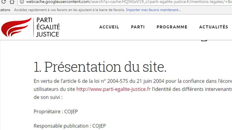 Capture d'écran des mentions légales du site du Parti égalité et justice, le 1er juin 2017, avant leur modification.
