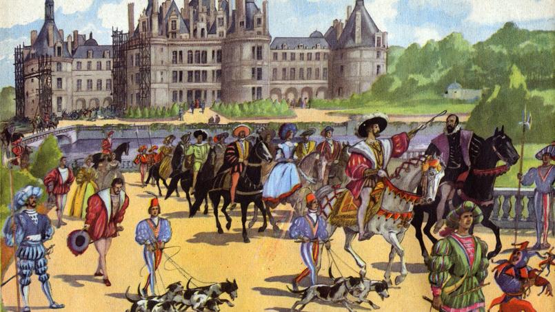 Le roi de France Francois Ier devant son palais de Chambord partant à la chasse. Illustration extraite de l'ouvrage «Belles images d'histoire», d'H. Geron et A. Rossignol, (vers 1948).
