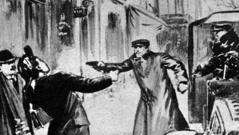La bande à Bonnot braque un garçon de recette rue Ordener à Paris le 21 décembre 1911, dessin paru dans «Excelsior».