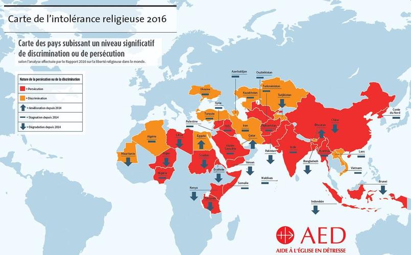 Carte de l'intolérance religieuse, établie par l'AED dans son rapport de 2016.