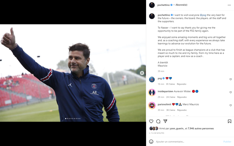 Pochettino fait ses adieux au PSG sur son compte Instagram
