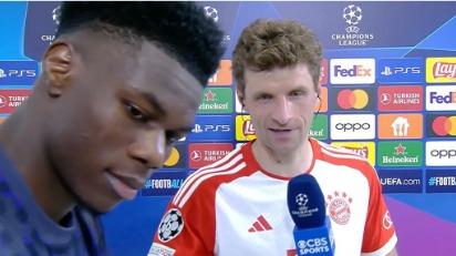 Regarder la vidéo Bayern Munich-Real Madrid : «Il écoute notre tactique !», l’échange sympathique entre Tchouaméni et Muller