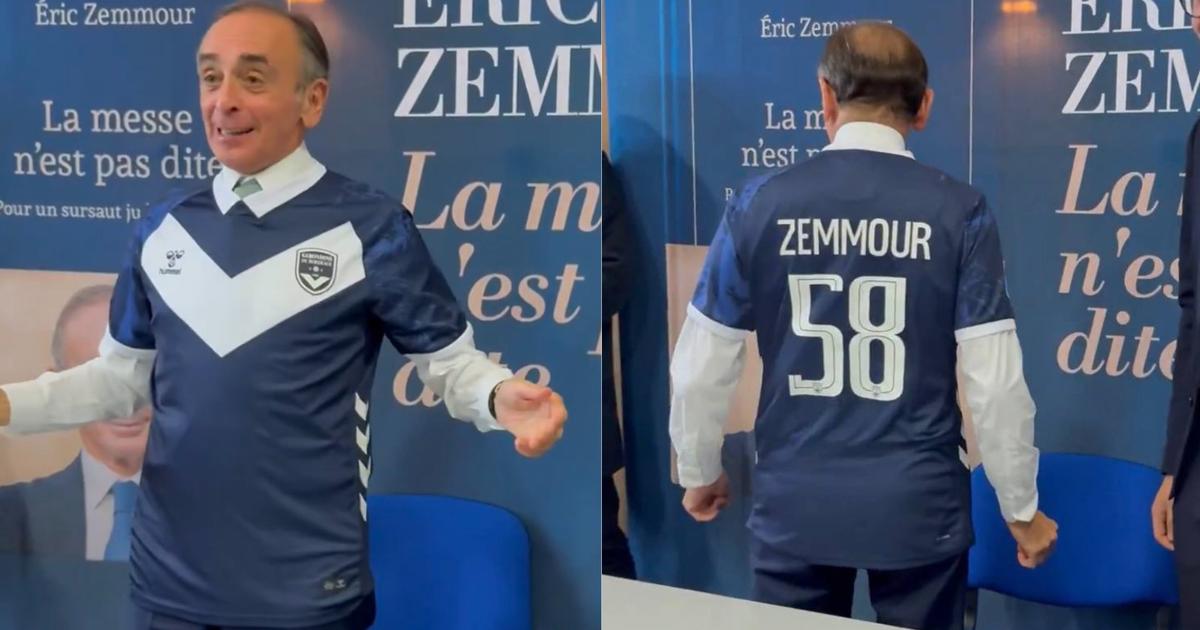 ジロンダン・ド・ボルドーがクラブジャージを着てポーズをとるエリック・ゼムールにタックルする