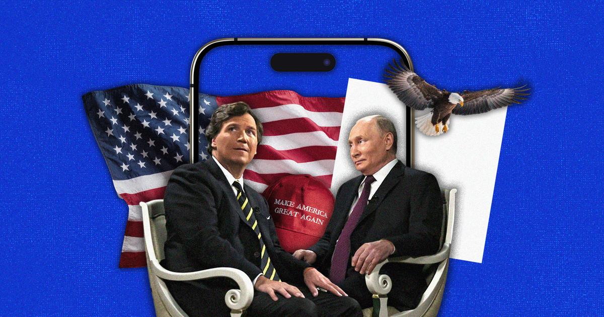 Tucker Carlson lors de son interview très controversée de Vladimir Poutine en février 2024 à Moscou. (Ảnh: IMAGO/APAimages via Reuters Connect / Montage: Charlotte Par)