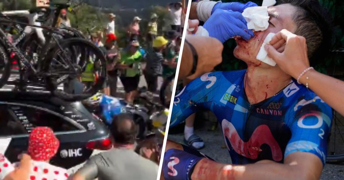 Einer Rubio va chạm mạnh với xe của đội UAE Team Emirates tại Alpe d’Huez và buộc phải rời cuộc đua Tour de France. (Ảnh: DR/FranceTVsports)