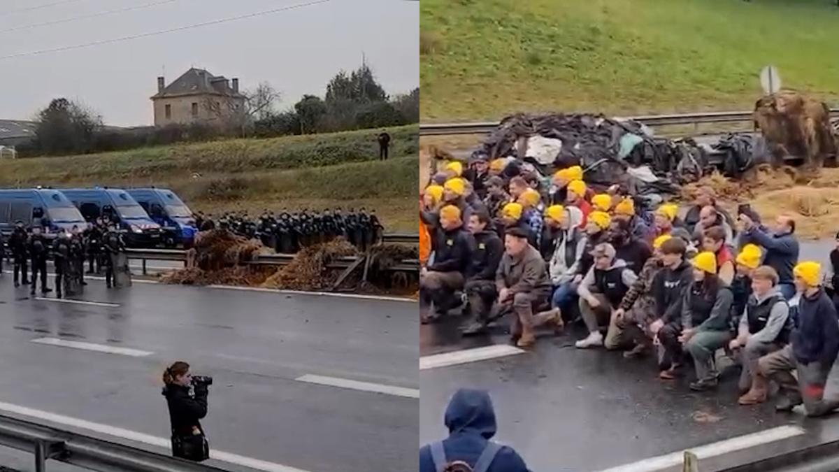 Des agriculteurs posent le genou à terre et entonnent la Marseillaise face  aux gendarmes à Brive