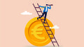 Europe economy forecast or vision, EU financial or economics recession ahead, look to see future concept, businessman investor climb up ladder on Euro money coin look on telescope for clear vision.