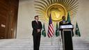 Le président de la Commission de l’Union africaine (CUA), Mahamoud Ali Youssouf, s’exprime lors d’une conférence de presse conjointe avec le sous-secrétaire d’État américain Christopher Landau au siège de l’Union africaine à Addis-Abeba, Éthiopie, le 28 janvier 2026.