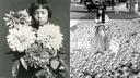 Ă gauche, Yayoi Kusama, autour de 10 ans, dans sa ville natale de Matsumoto au Japon. Ă droite, son "Narcissus Garden", installation Ă la 33e Biennale de Venise en 1966.