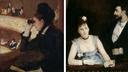 Tout est spectacle, jeux de regards⊠Dans la loge (Au Français), composition de Mary Cassatt datĂ©e de 1878, semble rĂ©pondre Ă Une loge aux Italiens quâEva GonzalĂšs a peint quatre ans plus tĂŽt (dĂ©tails).