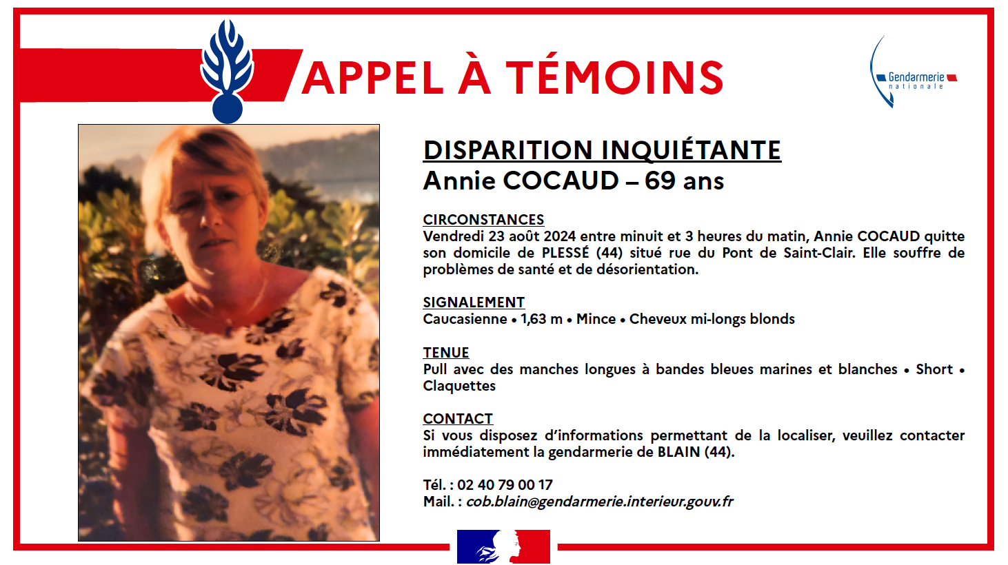 Loire-Atlantique : disparition inquiétante d’une femme de 69 ans