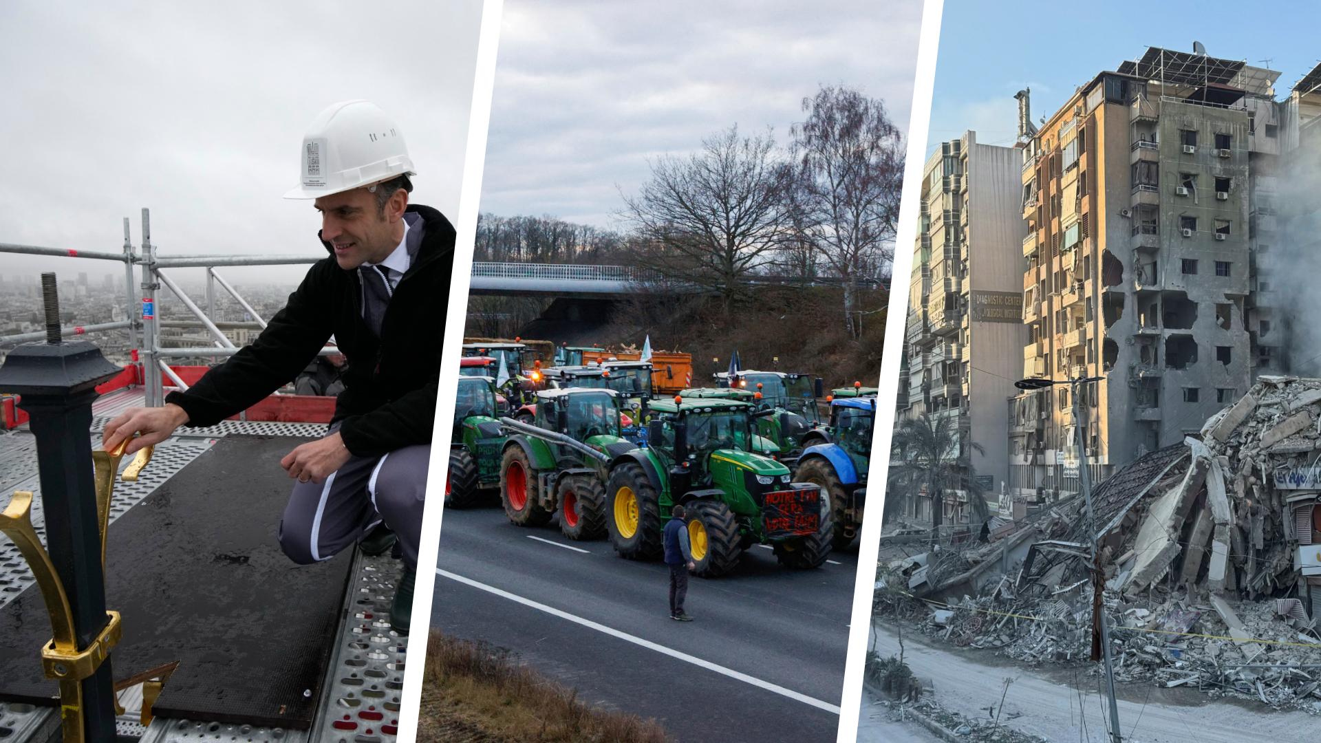 Macron s’exprimera sur le parvis de Notre-Dame, grève des agriculteurs, six morts dans une frappe à Beyrouth... Les 3 infos à retenir à la mi-journée