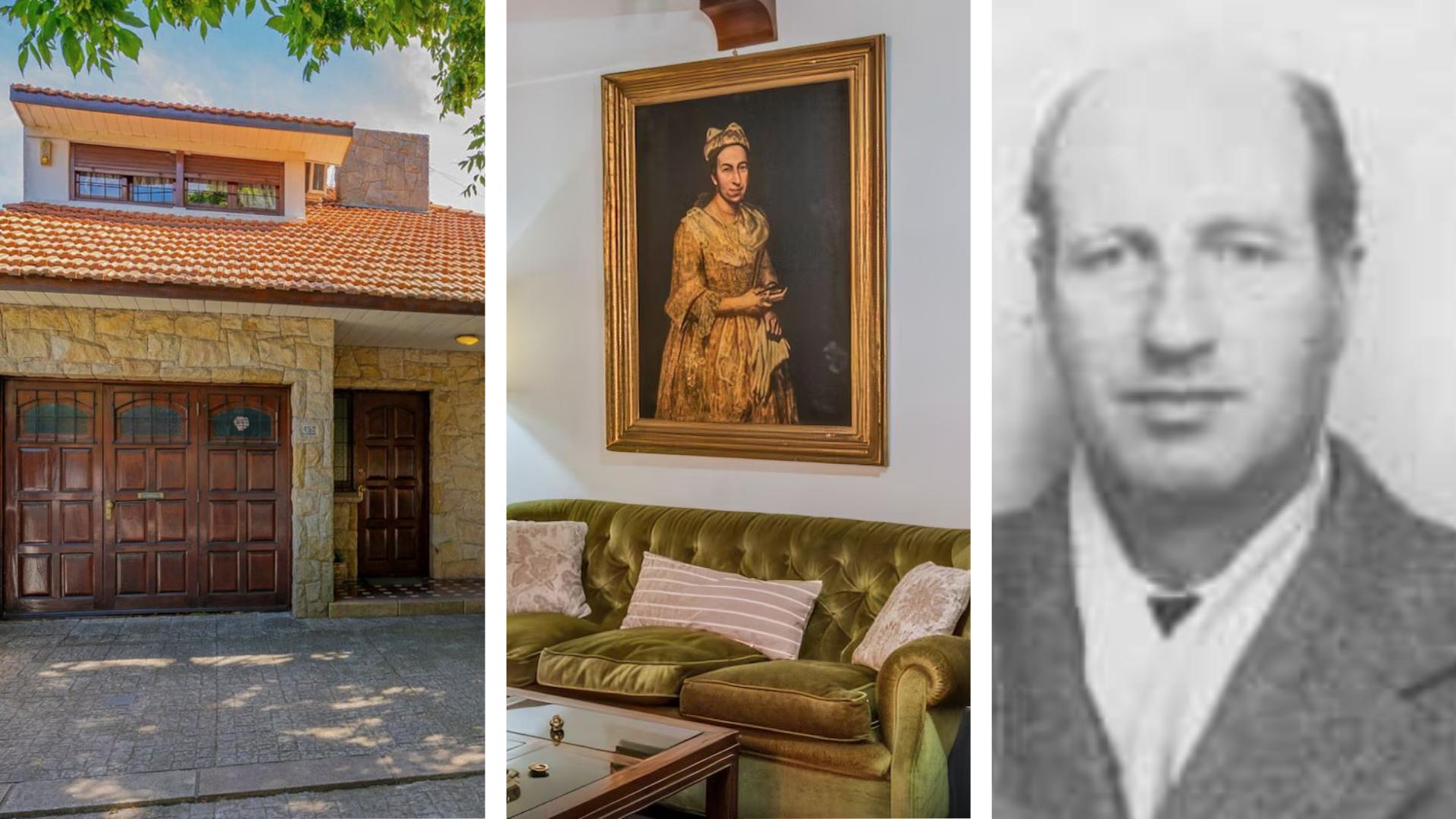 De gauche à droite: la maison qui était en vente à Mar del Plata, la photo du salon avec le tableau, Friedrich Kadgien, l’officier SS décédé en 1978, propriétaire initial de la maison.