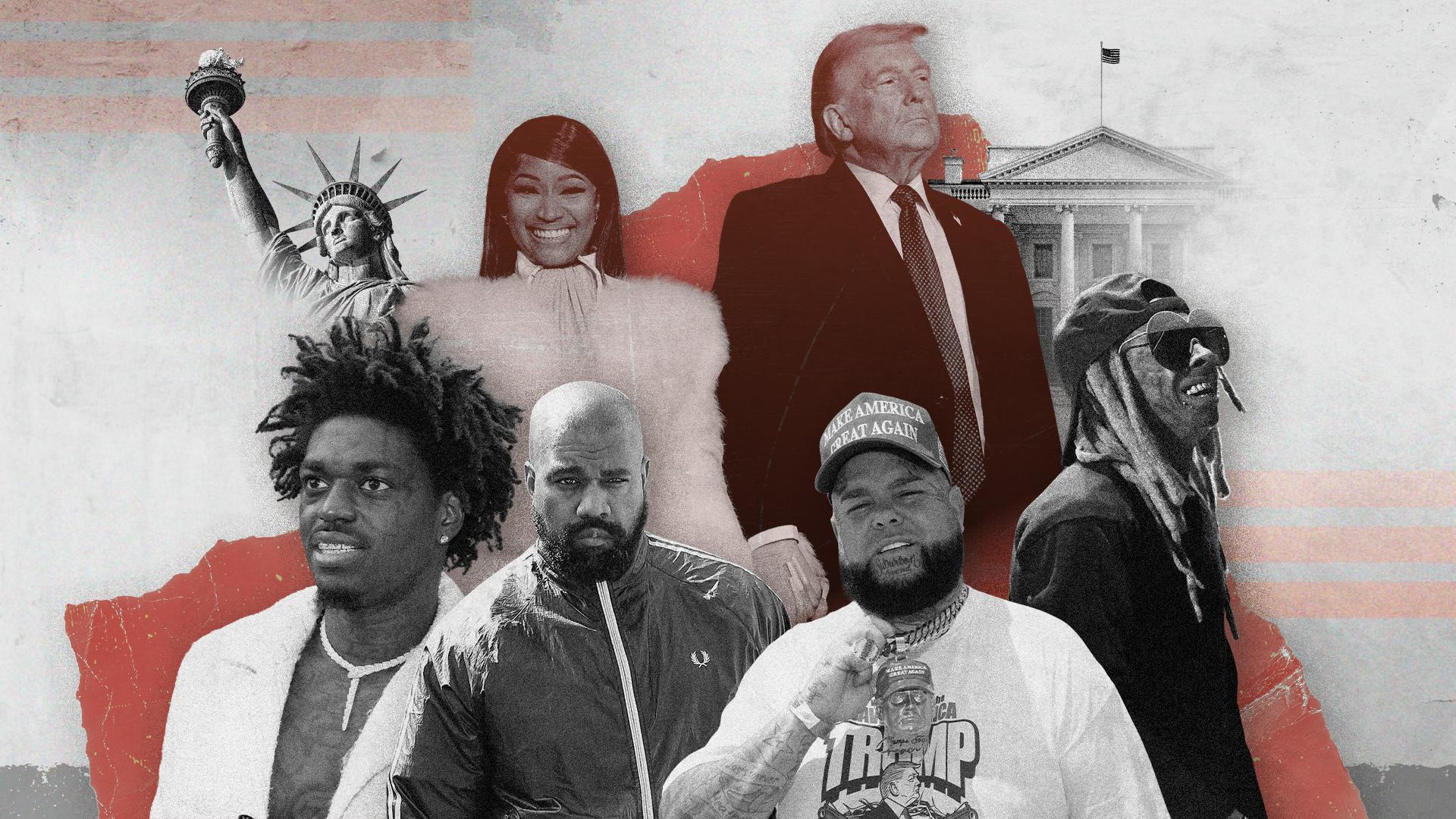 Plusieurs rappeurs américains (de g. à d. Kodak Black, Nicki Minaj, Kanye West, Forgiato Blow et Lil Wayne) ont déjà déclaré soutenir le président des États-Unis Donald Trump depuis son entrée en politique. Illustration - Aymeline Chemin / Photos : BauerGriffin/INSTARimages/Alamy via Reuters Connect - Lawrence Cooper/Sipa USA via Reuters Connect - Paras Griffin / GETTY IMAGES NORTH AMERICA / Getty Images via AFP - Kevin Lamarque/Reuters - Megan Varner / Reuters.