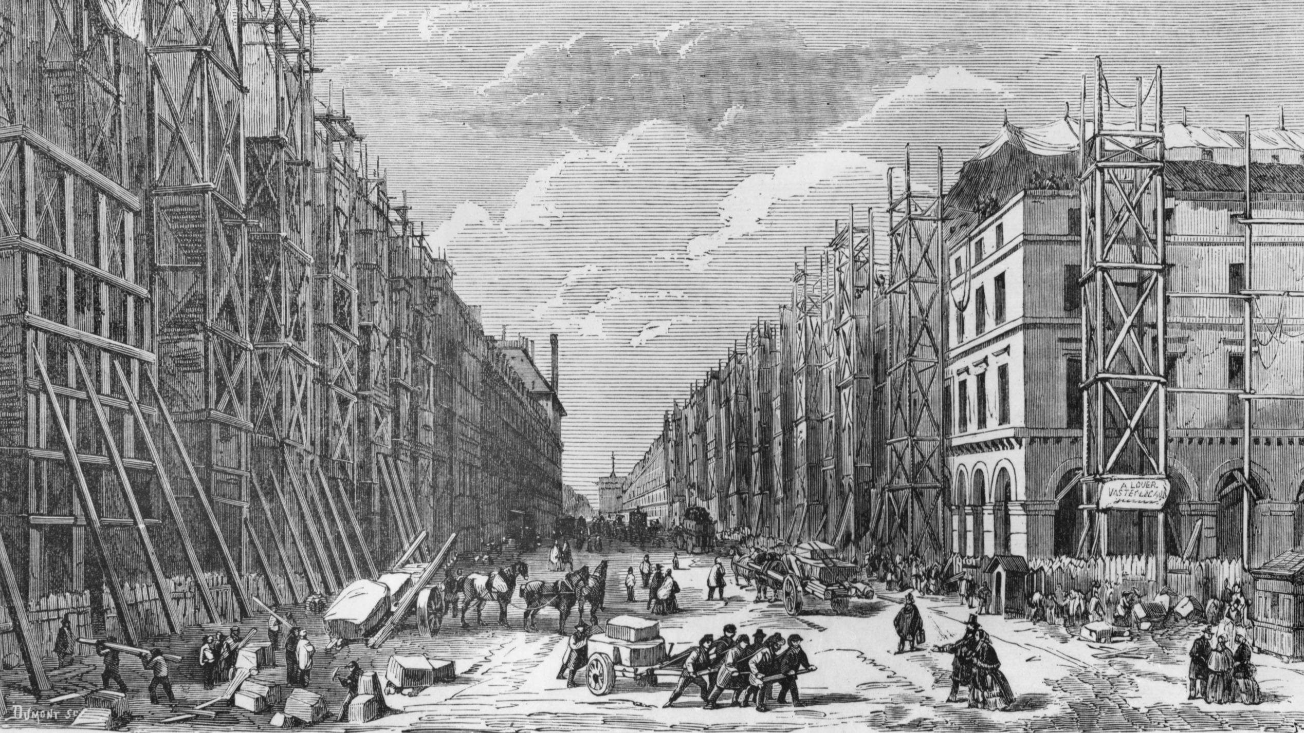 Gravure de 1877, évoquant les grands travaux dans Paris, du côté de la rue de Rivoli.