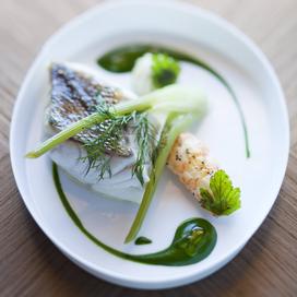 Sandre à la vapeur d'algues et sauce verte