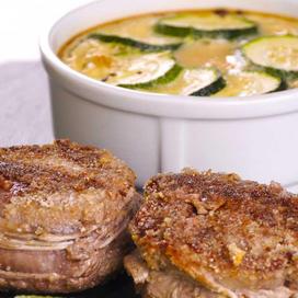 Agneau au miel de gingembre, flan de courgettes