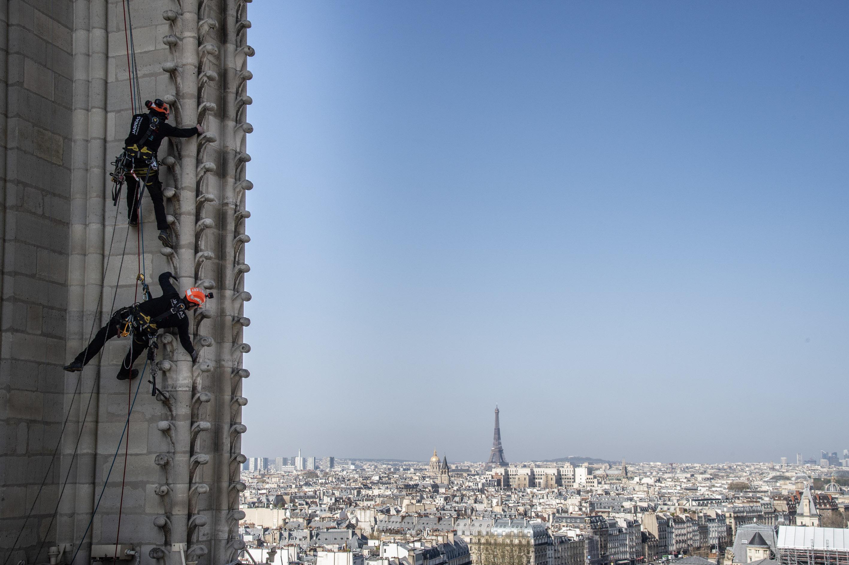 Les cordistes s’affairent par exemple à la reconstruction de Notre-Dame de Paris, avec une vue pour le moins, agréable.