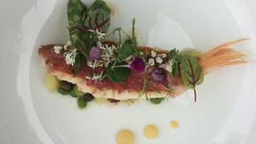 Rouget à la plancha et ragoût de petits pois