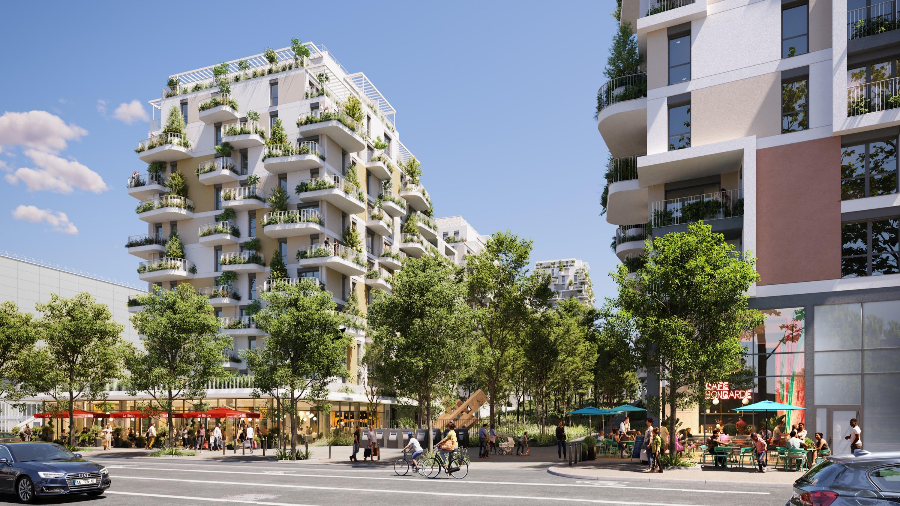 Vue d'artiste du projet « Rive Nature », un programme du groupe immobilier Altarea de 640 logements situés à Villeneuve-la-Garenne (Hauts-de-Seine).