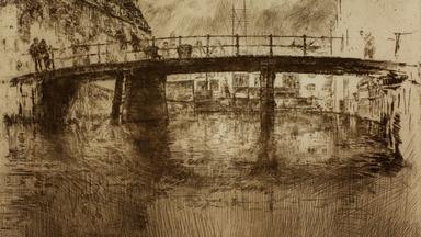 Bridge, Amsterdam, de James Abbott McNeill Whistler (1889), gravure et pointe sÚche sur papier. Cette feuille fait partie de la série hollandaise présentée à La Haye (Pays-Bas).