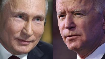 Le président russe Vladimir Poutine à gauche et le président américain Joe Biden à droite.