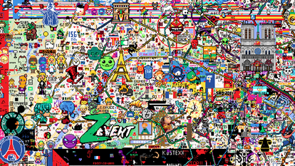 Sur le site Wplace, les internautes peuvent créer des dessins sur une carte du monde, comme ici sur le plan de Paris où se côtoient monuments historiques et logo du Paris Saint-Germain.