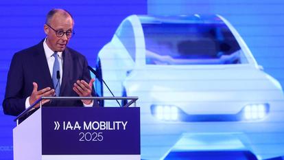 Le chancelier allemand Friedrich Merz prend la parole lors de la cérémonie d’ouverture du salon automobile IAA Mobility 2025 à Munich, en Allemagne, ce mardi 9 septembre.