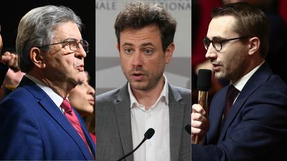 Le leader de La France Insoumise Jean-Luc Mélenchon, et les députés LFI Paul Vannier et Antoine Léaument.