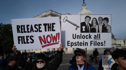 متظاهرون يرفعون لافتات تدعو إلى نشر ملفات إبستين، في واشنطن العاصمة، في 18 نوفمبر.