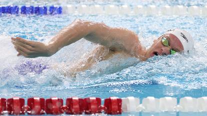 Léon Marchand lors de la série du 400 m nage libre masculin lors de la deuxième journée de l’US Open, le 4 décembre 2025 à Austin.