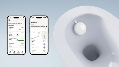 Fixé à l’intérieur de la cuvette des toilettes, un lecteur intelligent doté de cartouches analyse certains paramètres biologiques des urines et transmet les résultats au smartphone via une application.
