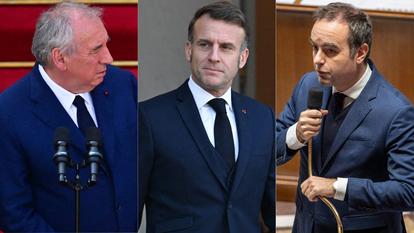 Emmanuel Macron entouré de son ancien premier ministre François Bayrou et son successeur à Matignon, François Bayrou.