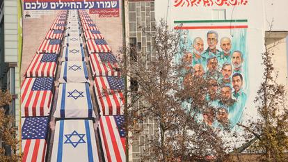 Une affiche anti-américaine et anti-israélienne est apposée sur un bâtiment à Téhéran, en Iran, le 4 janvier 2026.