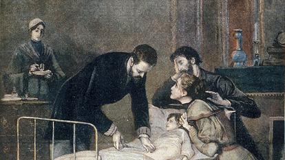 «Le croup guéri par le docteur Roux», dessin de Lionel Royer publié dans Le Petit Journal du 24 septembre 1894, qui relaye l’appel lancé par Le Figaro.