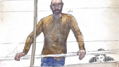 Ce croquis d’audience, réalisé le 10 février 2026, montre Ameur Mansouri, réputé être l’un des plus importants trafiquants de drogue français, lors de son procès au tribunal correctionnel de Paris, le 10 février 2026.