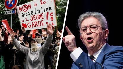 Des manifestants lors d’un rassemblement de soutien à l’organisation La Jeune Garde en mai 2025. Jean-Luc Mélenchon.