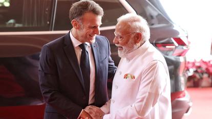 Le premier ministre indien Narendra Modi rencontre le Président français Emmanuel Macron au Lok Bhavan à Mumbai, en Inde, le 17 février 2026