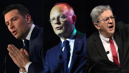 Jordan Bardella (RN), Édouard Philippe (Horizons) et Jean-Luc Mélenchon (LFI).