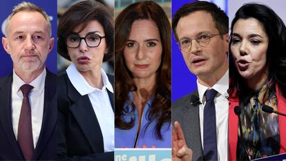 Emmanuel Grégoire (gauche hors LFI), Rachida Dati (LR-MoDem), Sarah Knafo (Reconquête), Pierre-Yves Bournazel (Renaissance-Horizons), Sophia Chikirou (LFI).