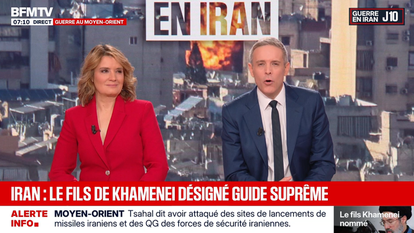 Pascale de La Tour du Pin et Mathieu Coache à la matinale de BFMTV lundi 9 mars 2026.